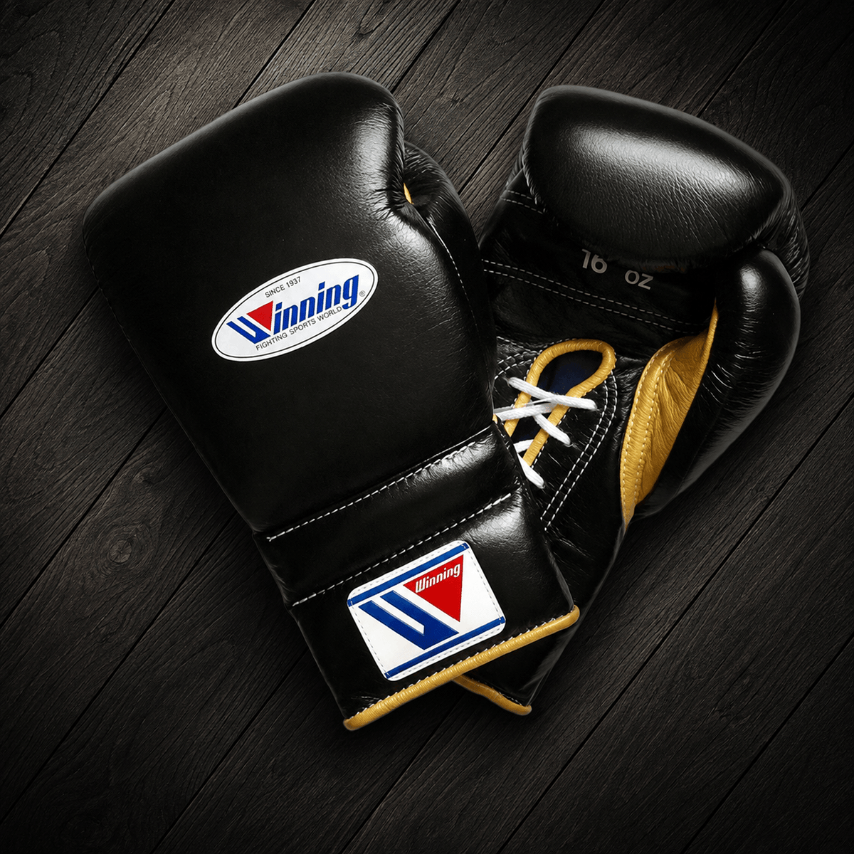 Winning Boxing Gloves Black/Gold Lace Up Leather Gloves for Combat Drills