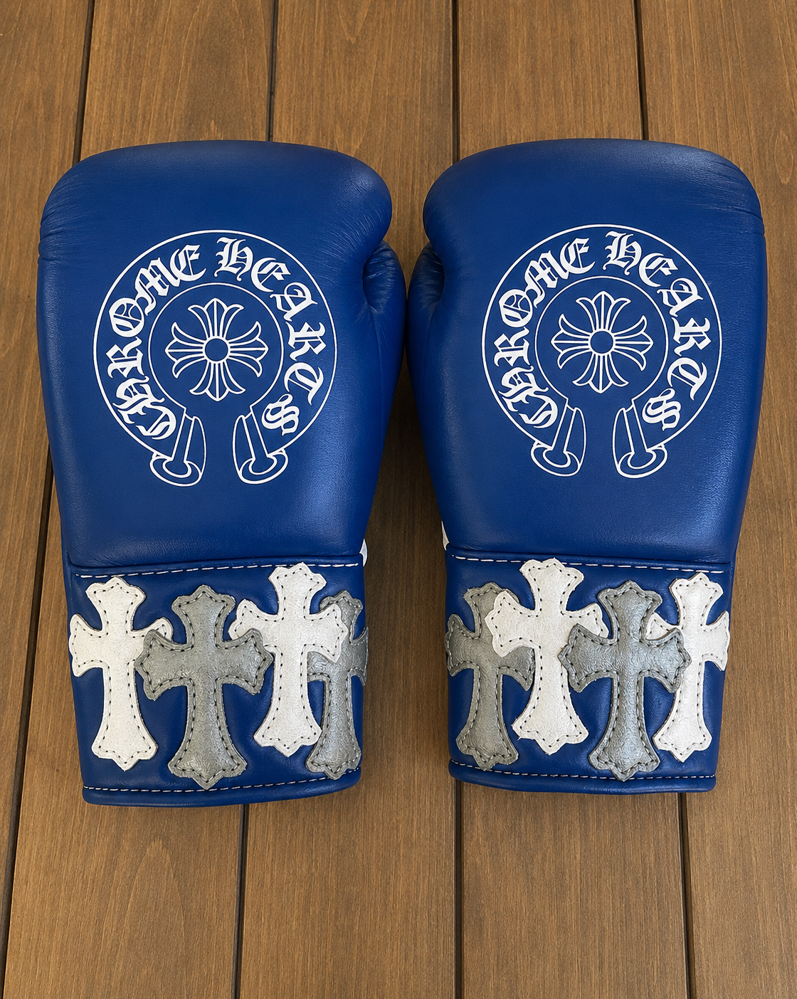 Winning Boxing Gloves Blue Chrome Heart Style Training Gloves with Secure Wrist Strap