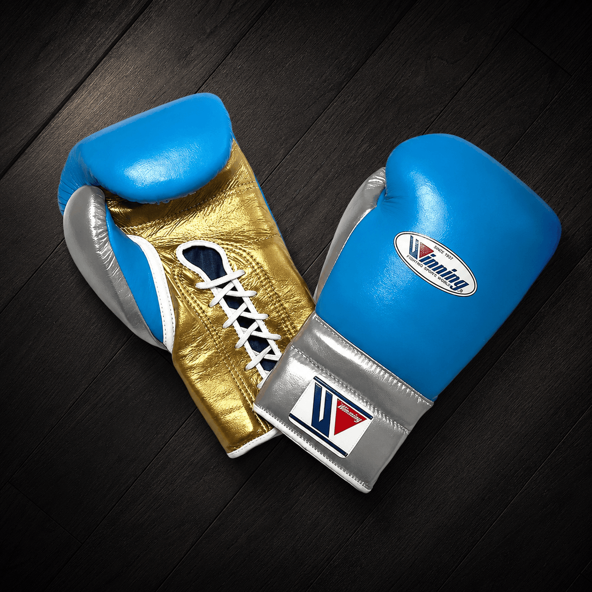 Winning Boxing Gloves Blue/Gold/Grey Padded Leather Gloves for Boxing Drills