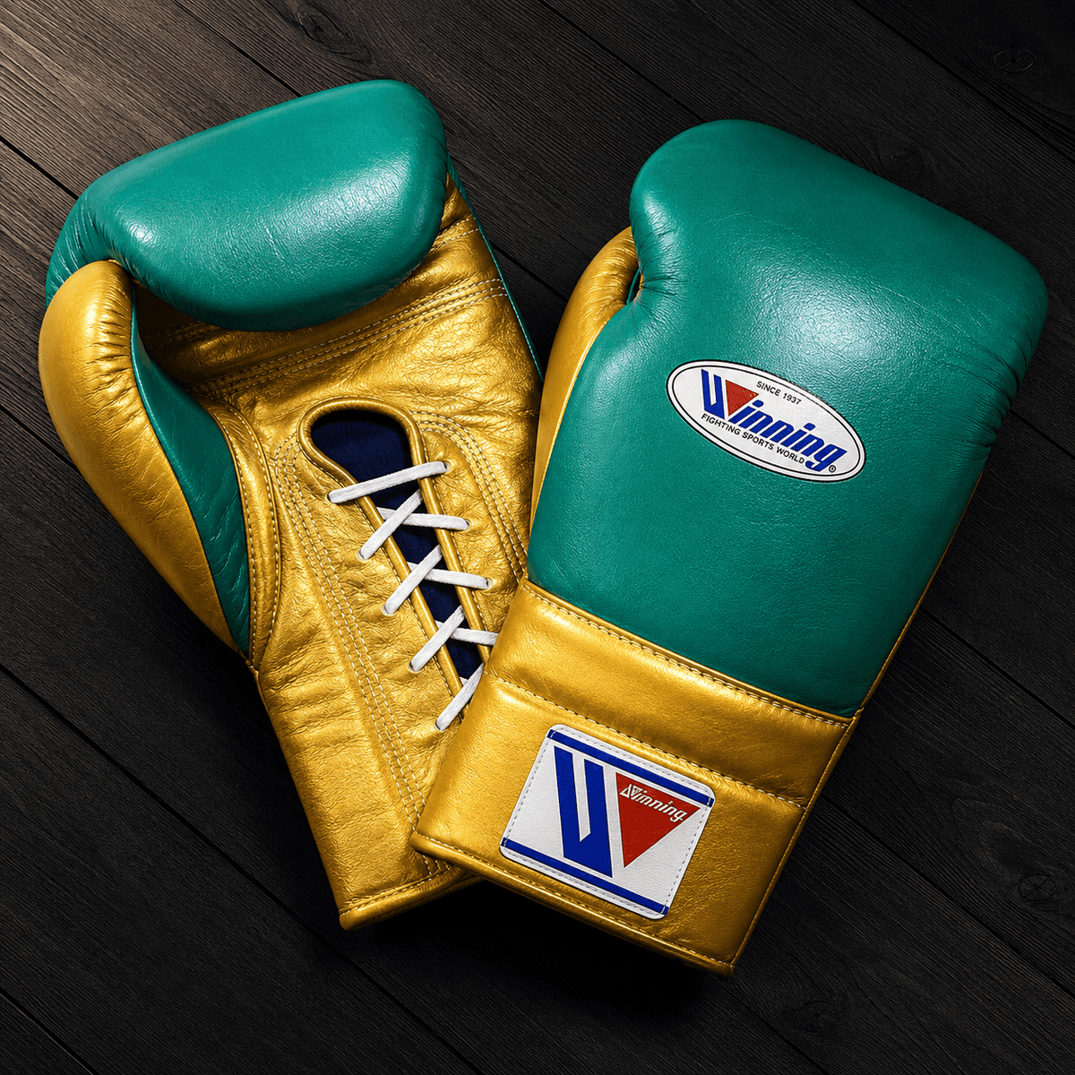 Winning Boxing Gloves Green/Gold Leather Gloves for Pad Work
