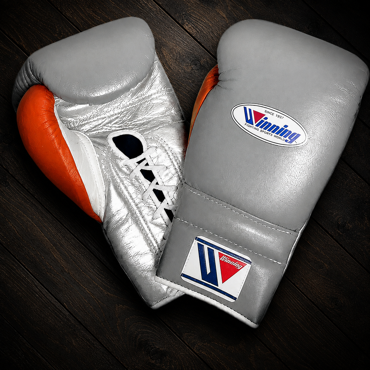 Winning Boxing Gloves Grey/Silver/Orange Leather Gloves for Intense Sessions