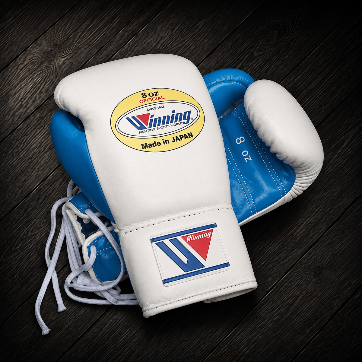 No Boxing No Life Gloves White/Blue Padded Leather Training Gloves Back View