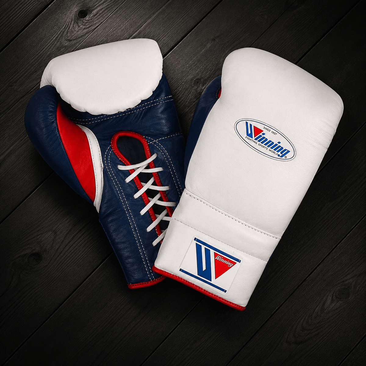 Winning Boxing Gloves White/Blue/Red Lace Up Leather Gloves for Combat Drills