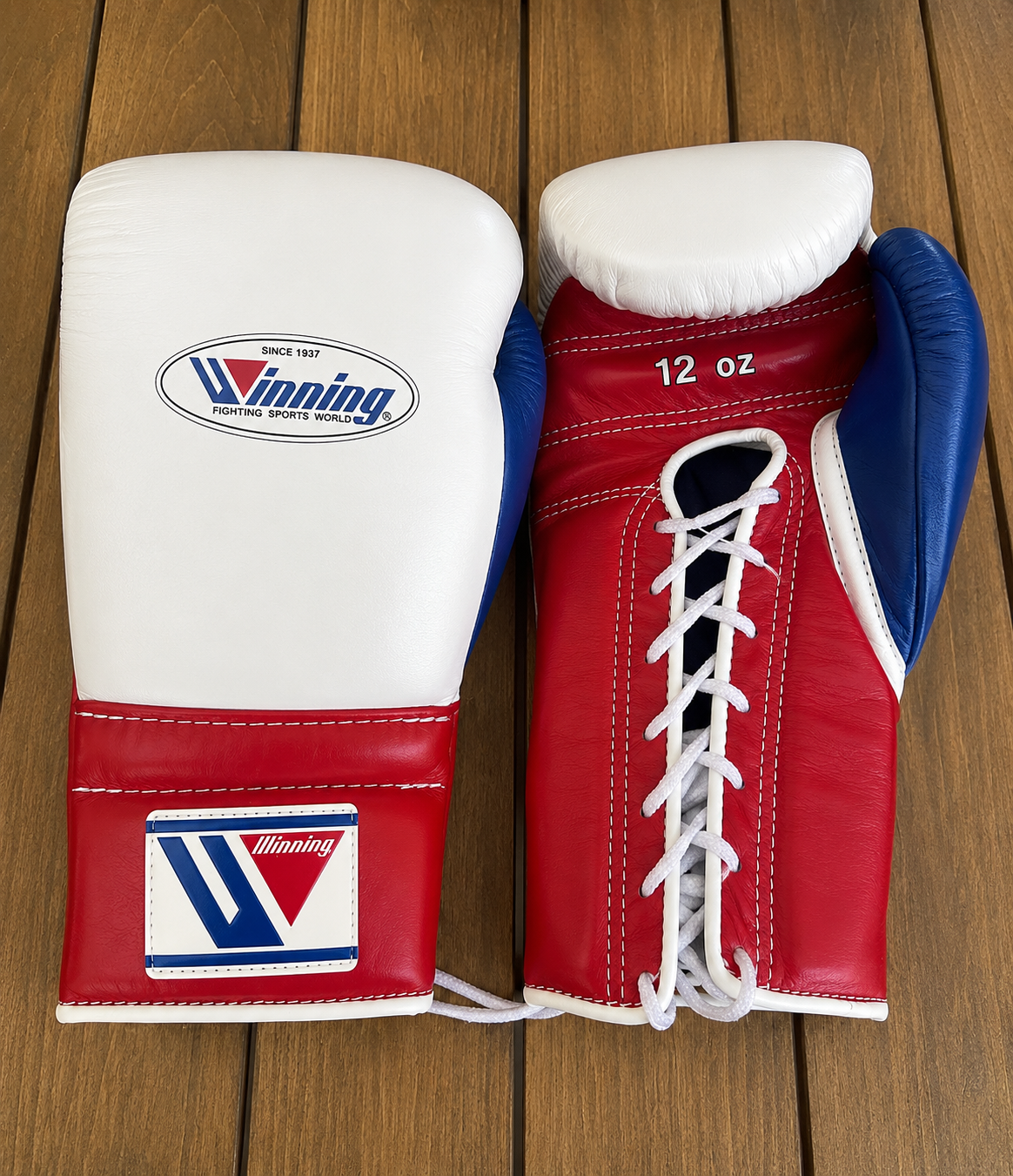 Winning Boxing Gloves White/Red/Blue Padded Leather Gloves for Heavy Bag Work
