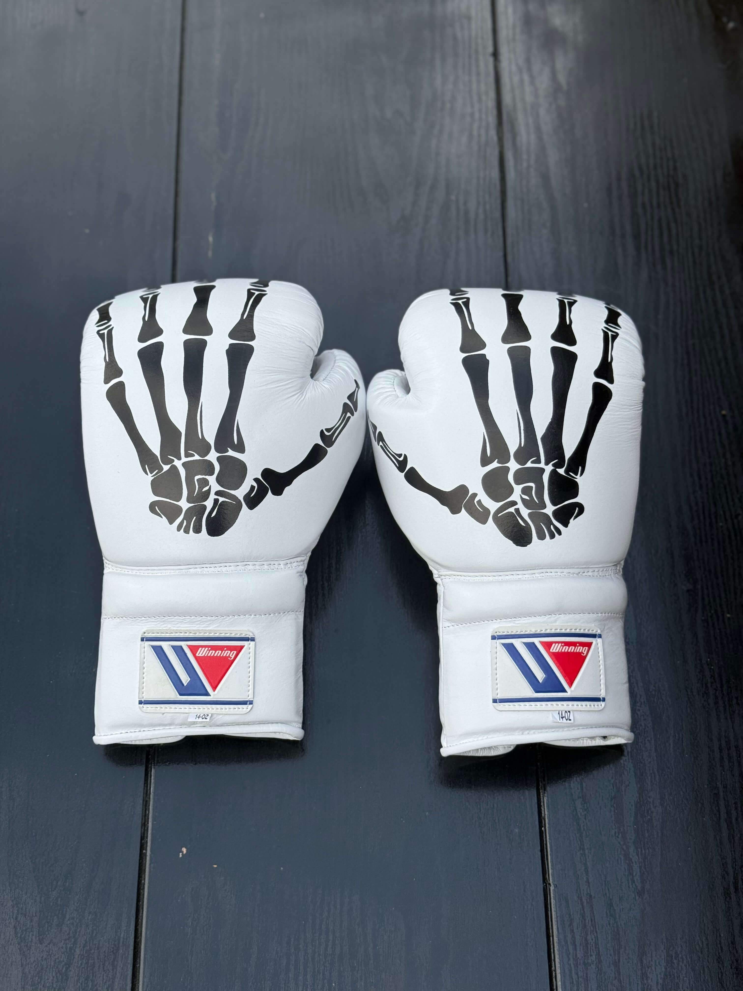 Winning Boxing Gloves White Skull Style Leather Training Gloves for Sparring Back View