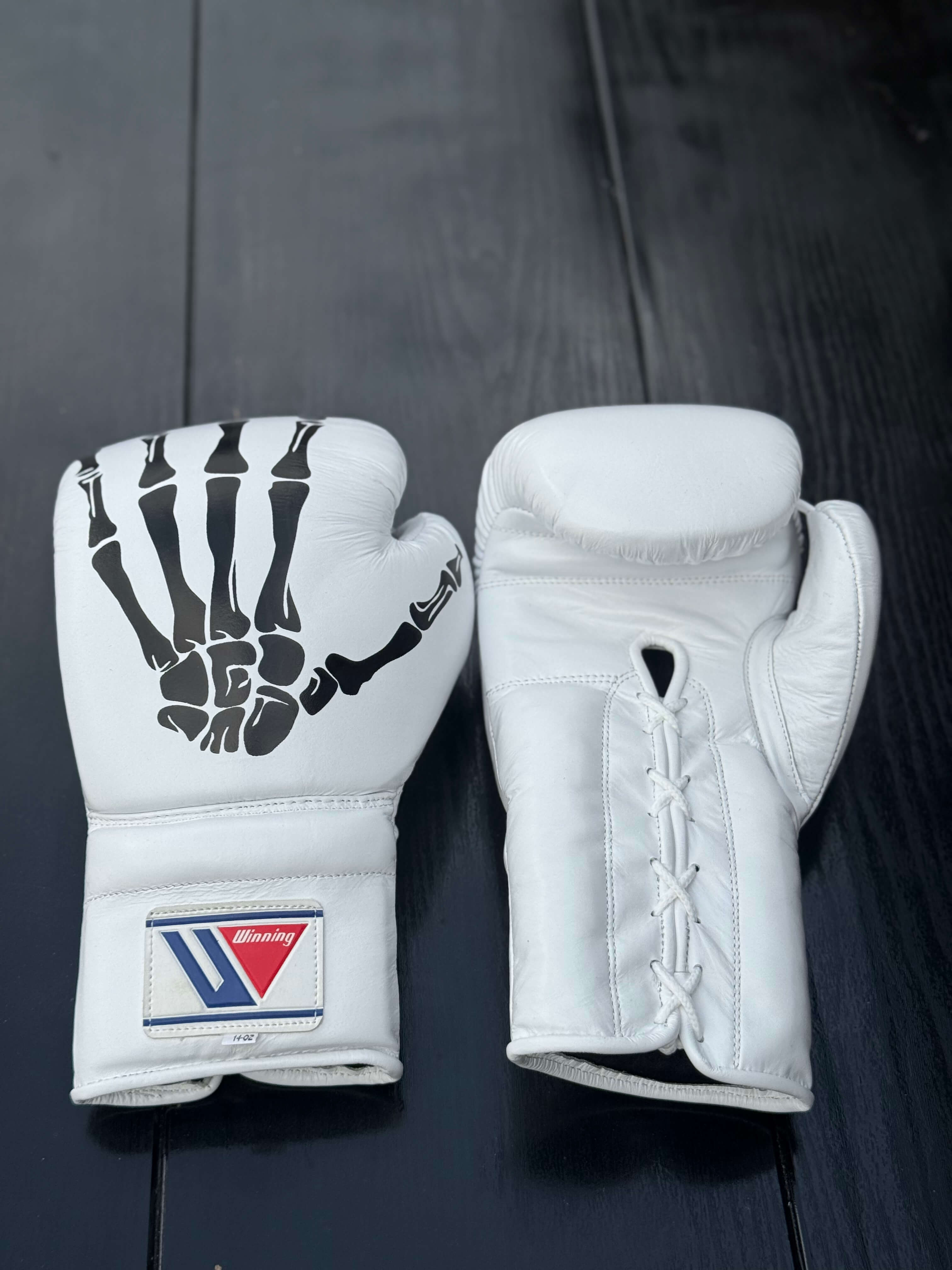 Winning Boxing Gloves White Skull Style Leather Training Gloves for Sparring Front & Back View