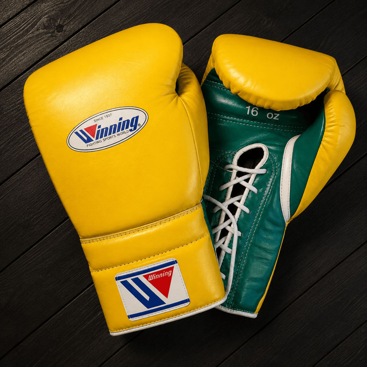 Winning Boxing Gloves Yellow/Green Lace Up Leather Gloves for Combat Drills