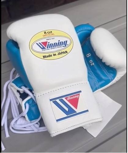 Winning Boxing Gloves White/Blue Curved Leather Gloves for MMA Training