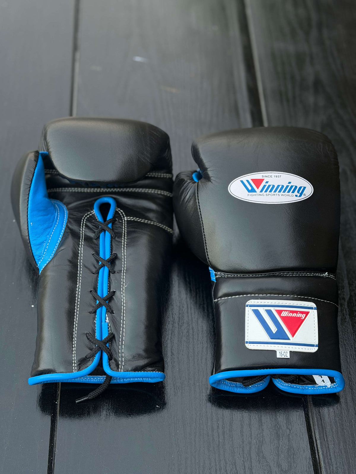 Winning Boxing Sets Black/Blue Leather Gloves Front View