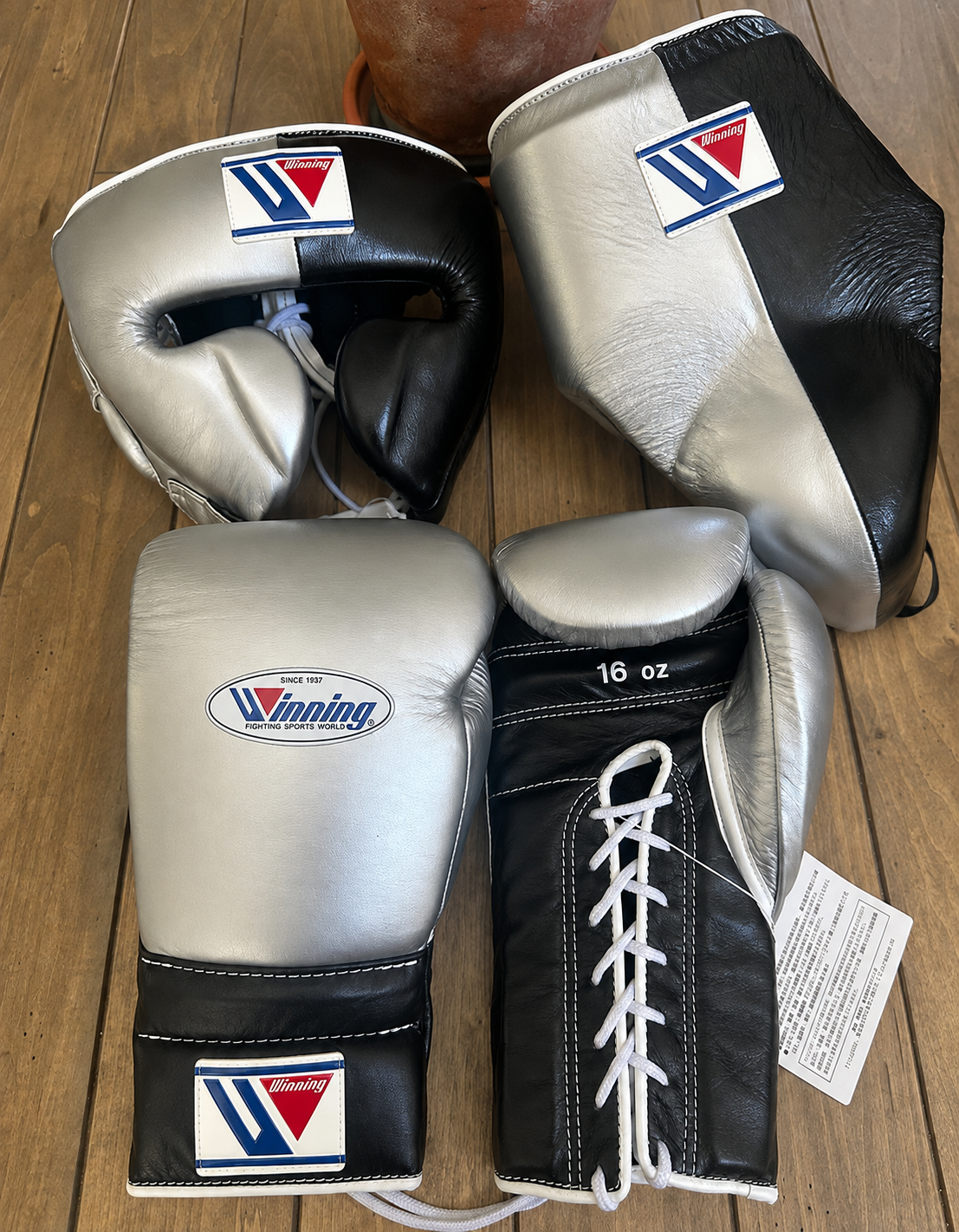 Winning Boxing Sets Silver/Black Gloves and Mitts Combo for Pad Work