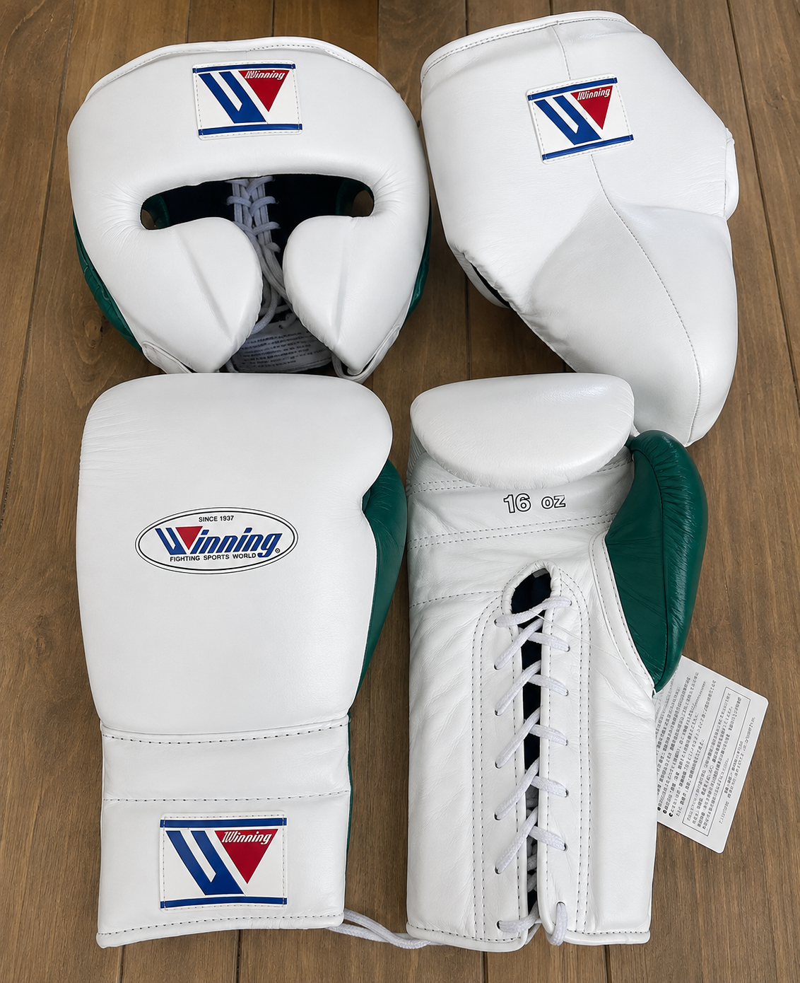 Winning Boxing Sets White/Green Leather Gloves and Mitts for Sparring