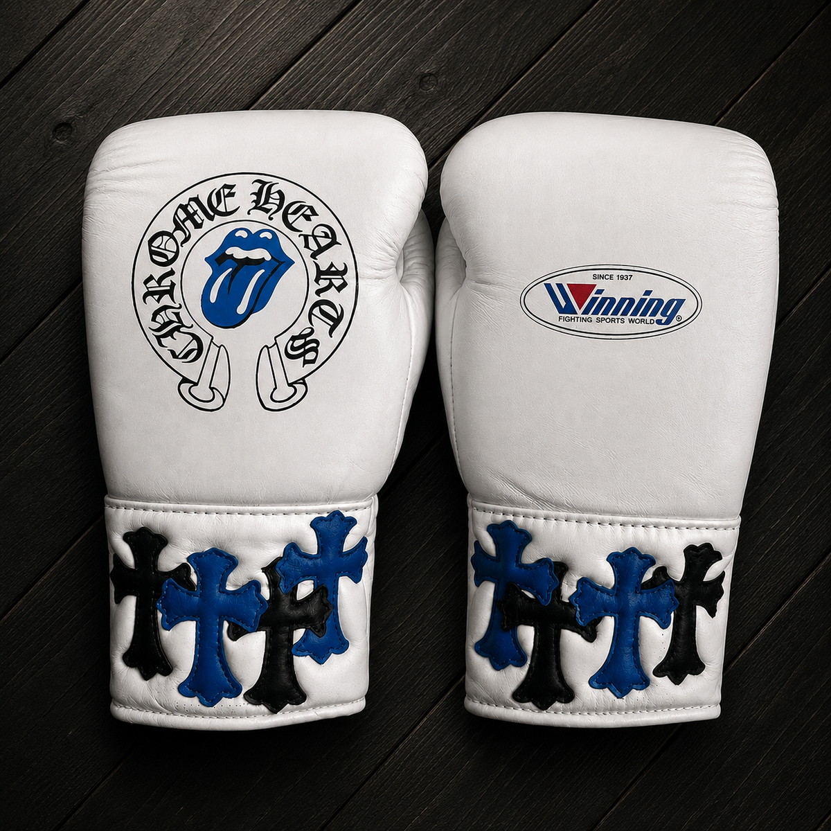 Winning Boxing Gloves White/Black/Blue Leather Training Gloves for Boxing