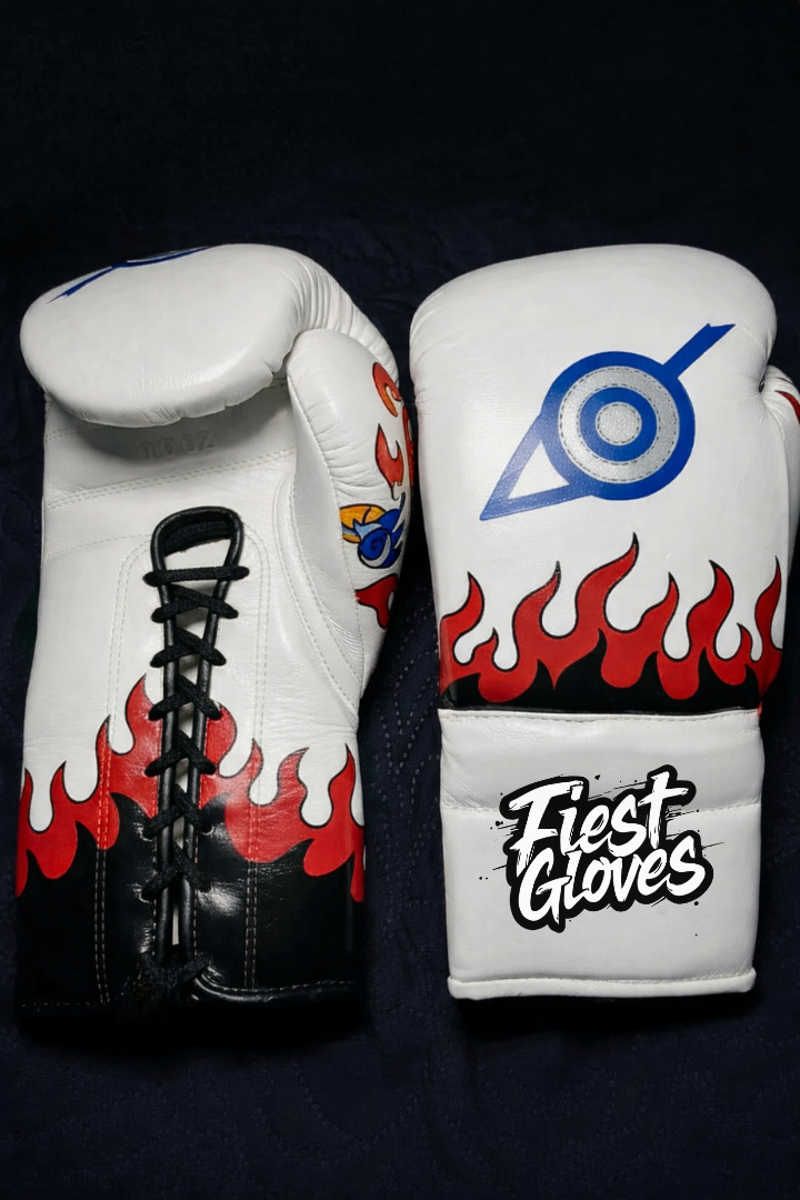 fiest lace up boxing gloves flame-style white-red-black high quality training gloves