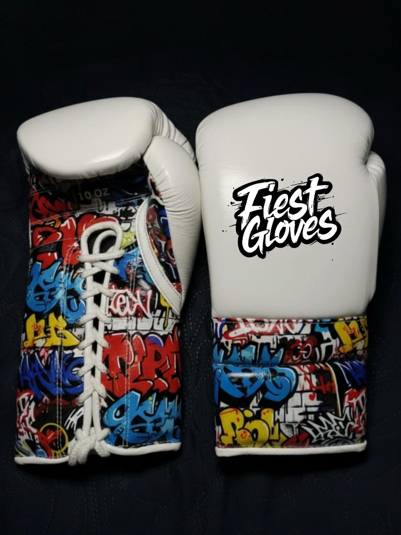 fiest lace up boxing gloves grafitti-style white-blue-red-yellow pro training gear