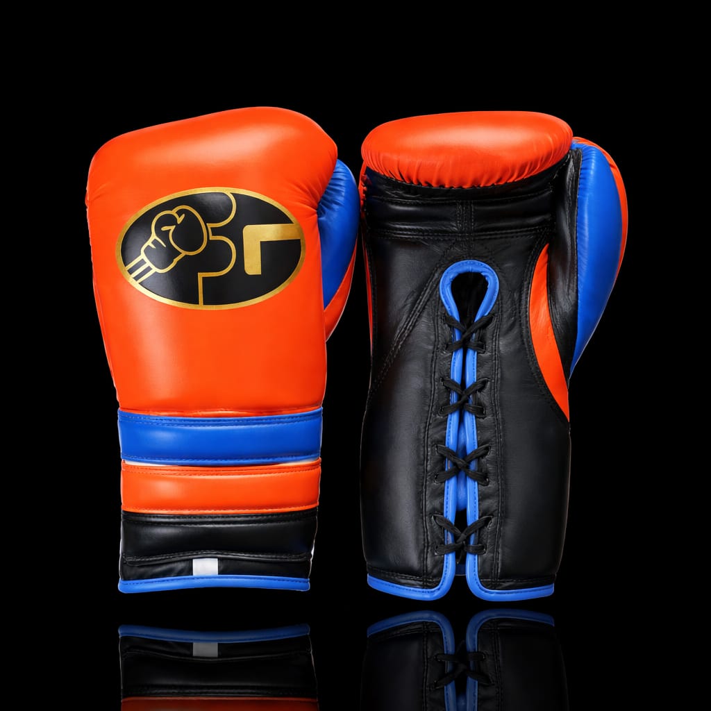 fiest boxing gloves lace up Orange-Black-Blue premium training gloves