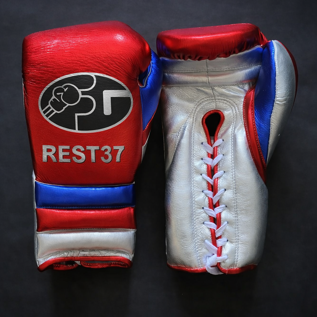 custom boxing gloves lace up red/silver/blue premium training gloves