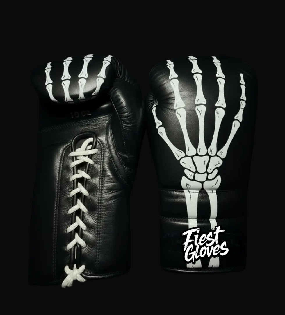 fiest boxing skeleton style black-white gloves premium sparring kit