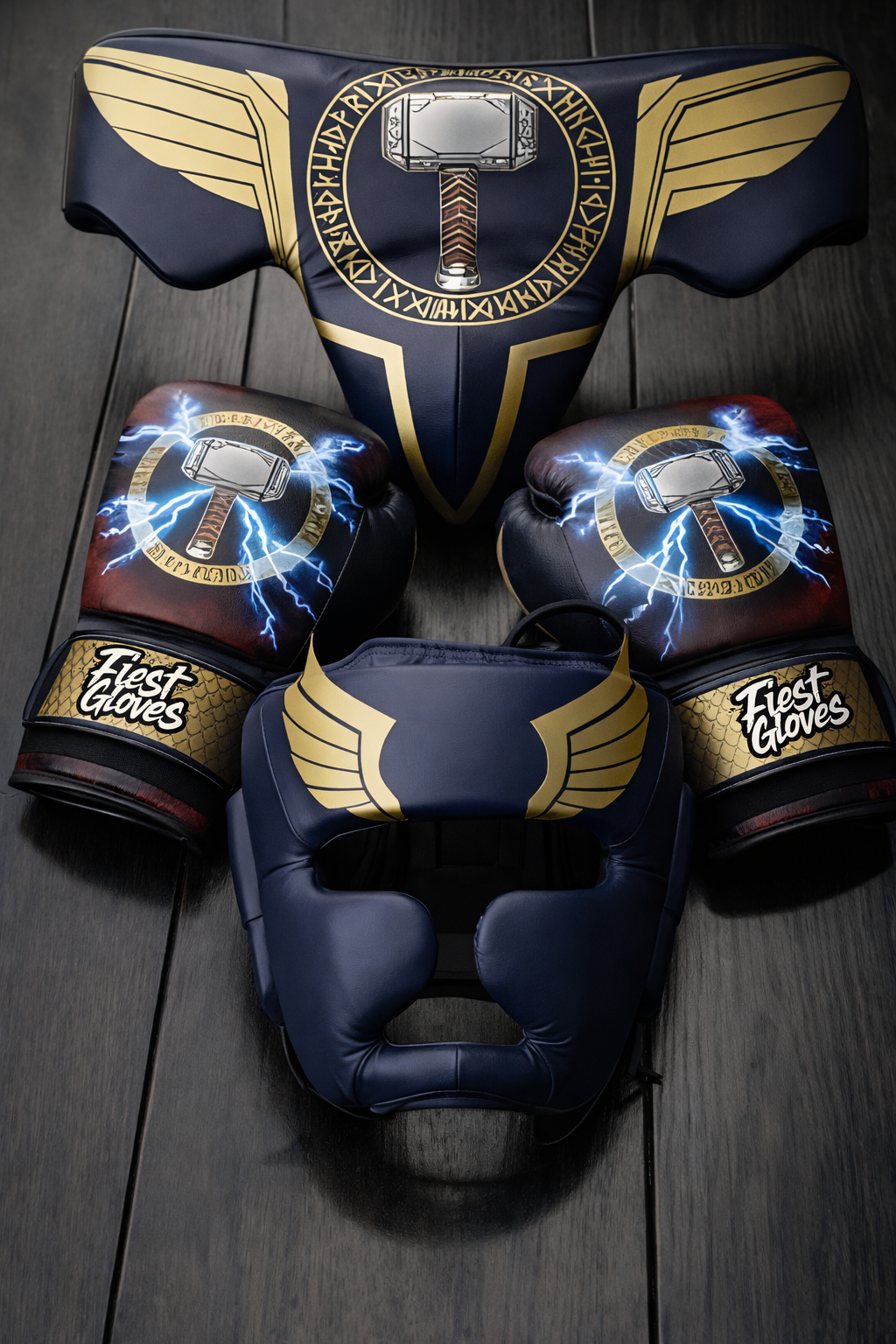 fiest boxing set blue-gold-red gloves headgear groin guard complete training gear