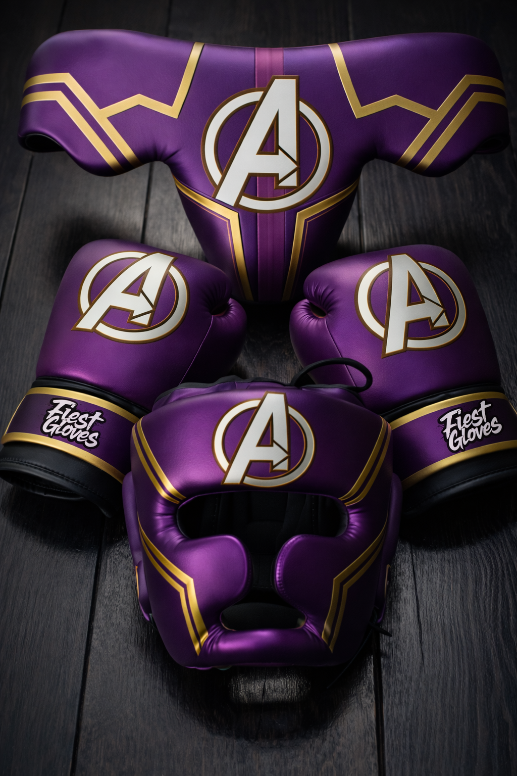 fiest boxing set purple/gold/white gloves headgear groin guard complete training gear