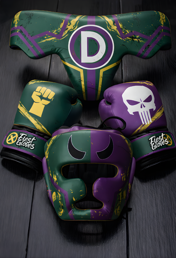 fiest boxing set purple/green/gold/white sparring kit gloves headguard groin protector