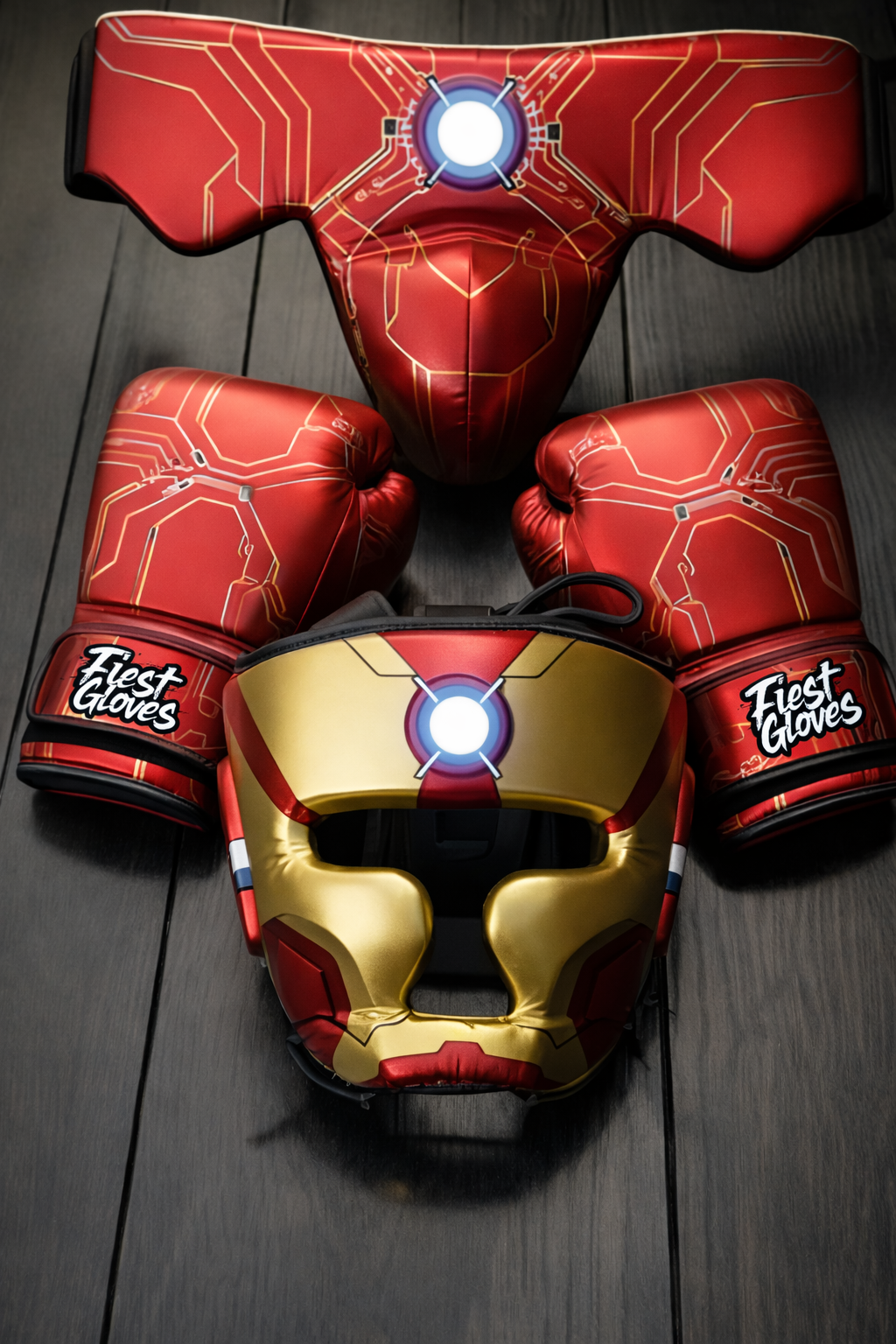 fiest boxing set red-gold-blue sparring kit gloves headguard groin protector