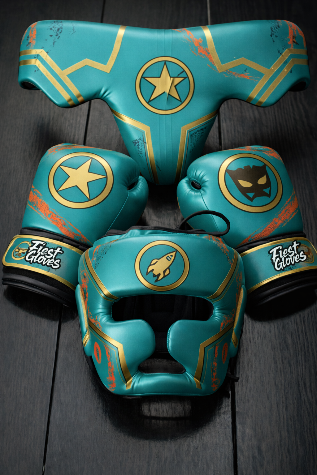 fiest boxing set teal-gold-orange gloves headgear groin guard for sparring training