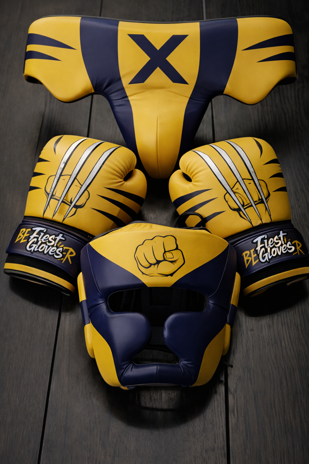 fiest boxing set yellow-blue-silver gloves headgear groin guard premium sparring kit