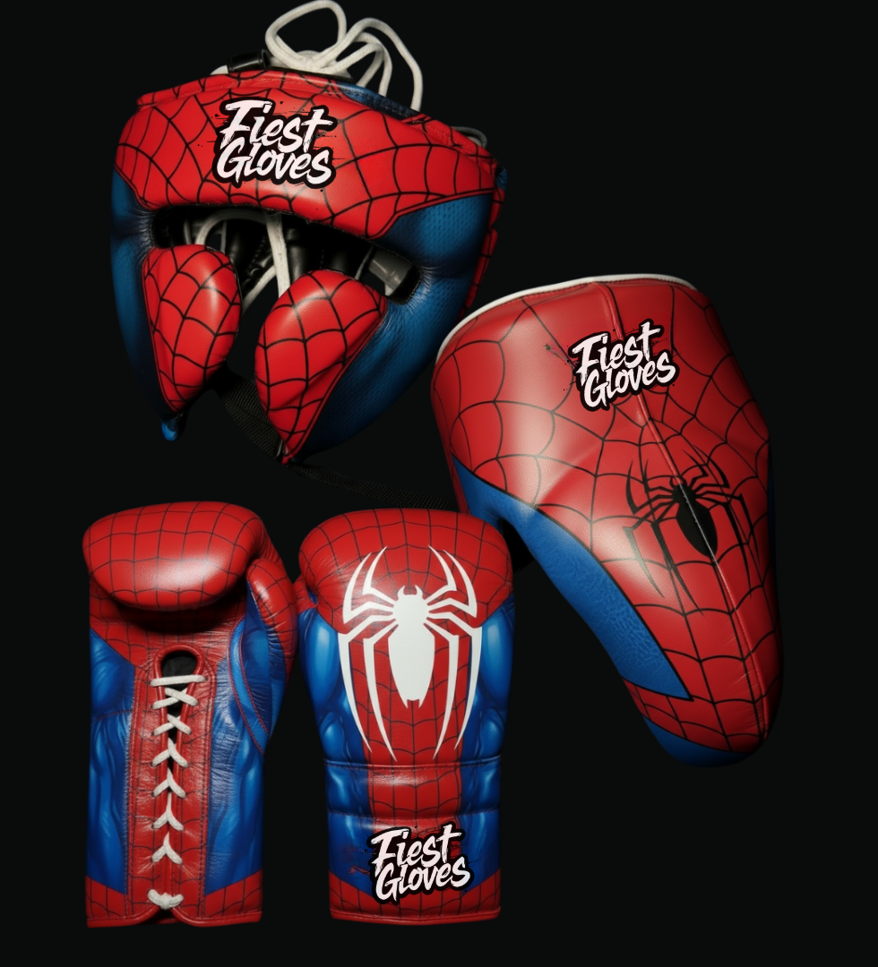 fiest boxing set spider style red-blue gloves headguard groin protector fight training gear