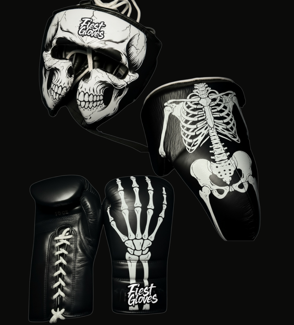 fiest boxing set skeleton style black/white gloves headgear groin guard premium sparring kit