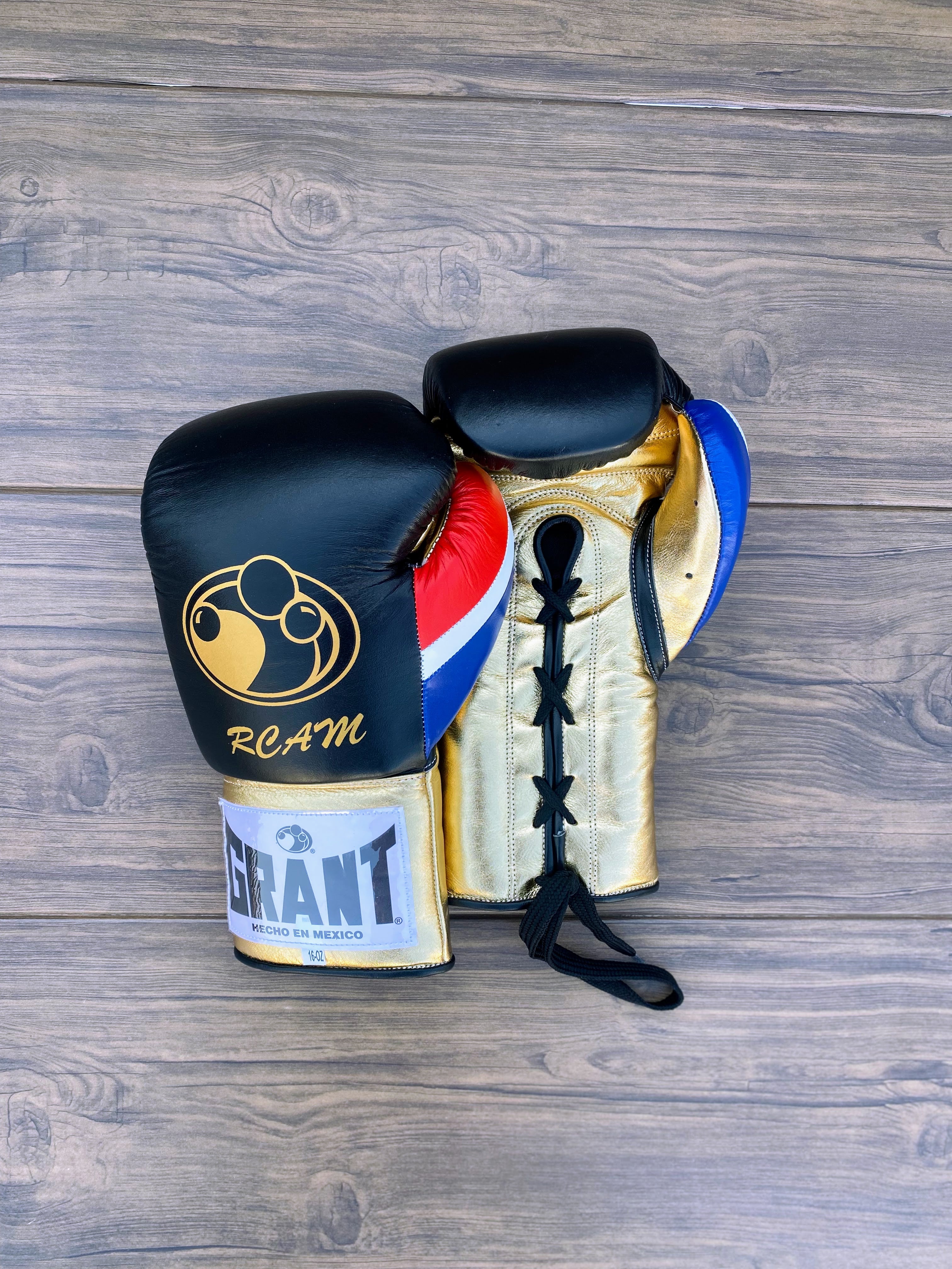grant boxing gloves black/gold/red/blue front and thumb view custom name training gloves