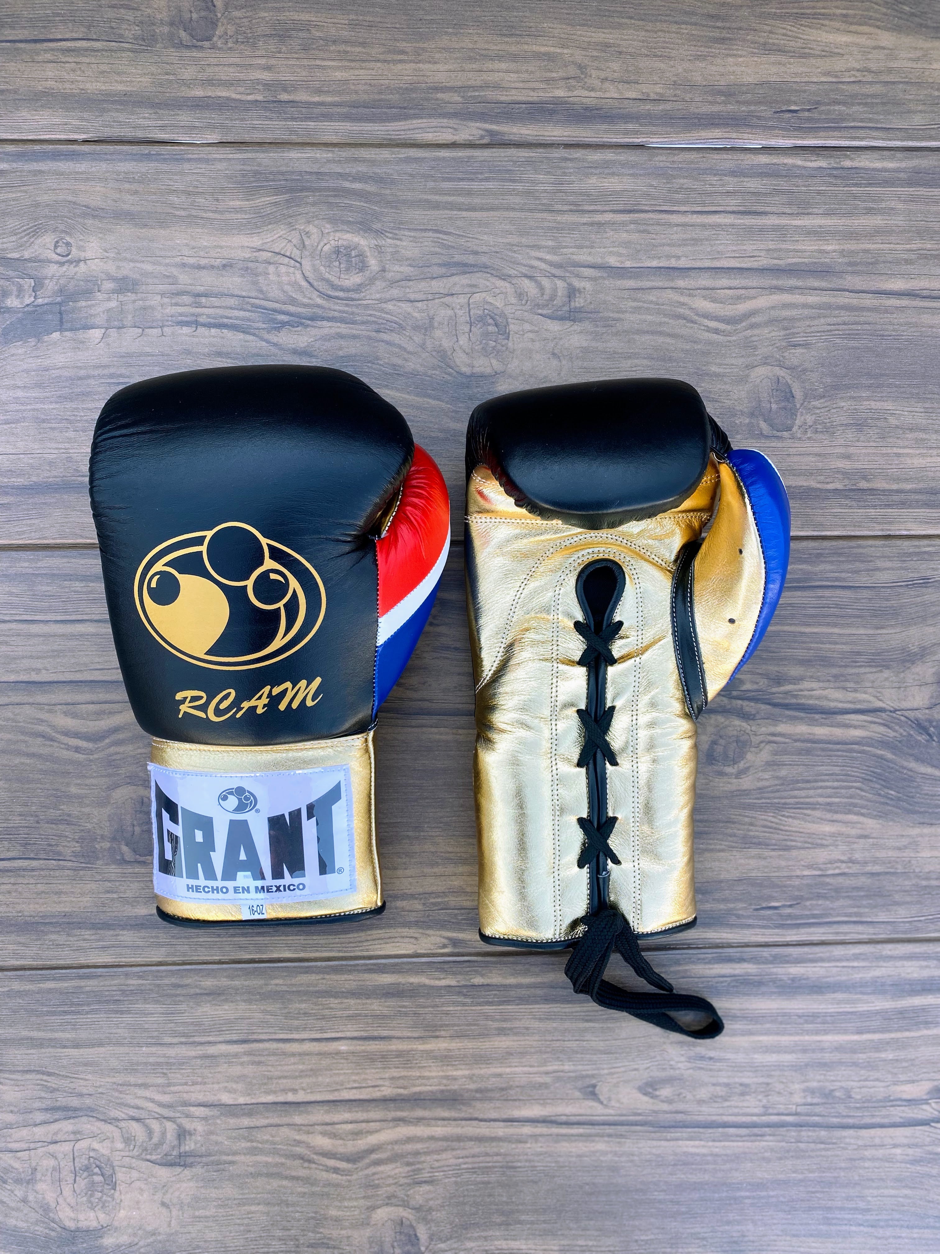 grant boxing gloves black/gold/red/blue front and back view custom name training gloves