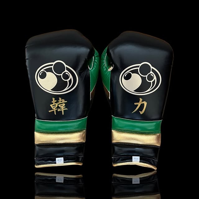 grant boxing gloves black/green/gold back view lace up high quality sparring gloves