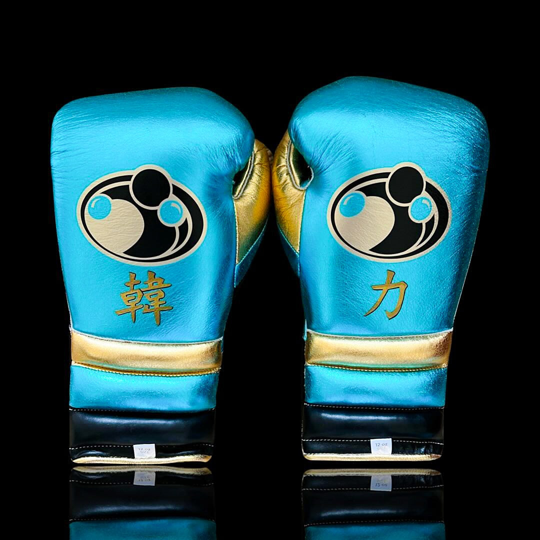 grant boxing gloves blue/black/gold back view premium leather professional training gloves