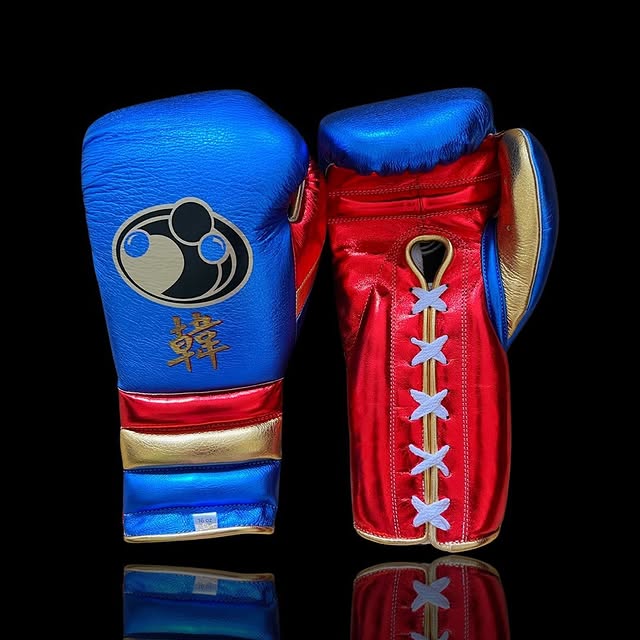 grant boxing gloves blue/red/gold front and back view high quality lace up boxing gloves