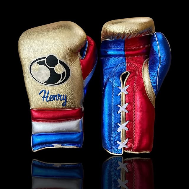grant boxing gloves gold/blue/red front and back view premium leather fight gear