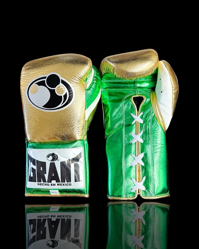 grant boxing gloves gold/green/white front view professional sparring and training gear