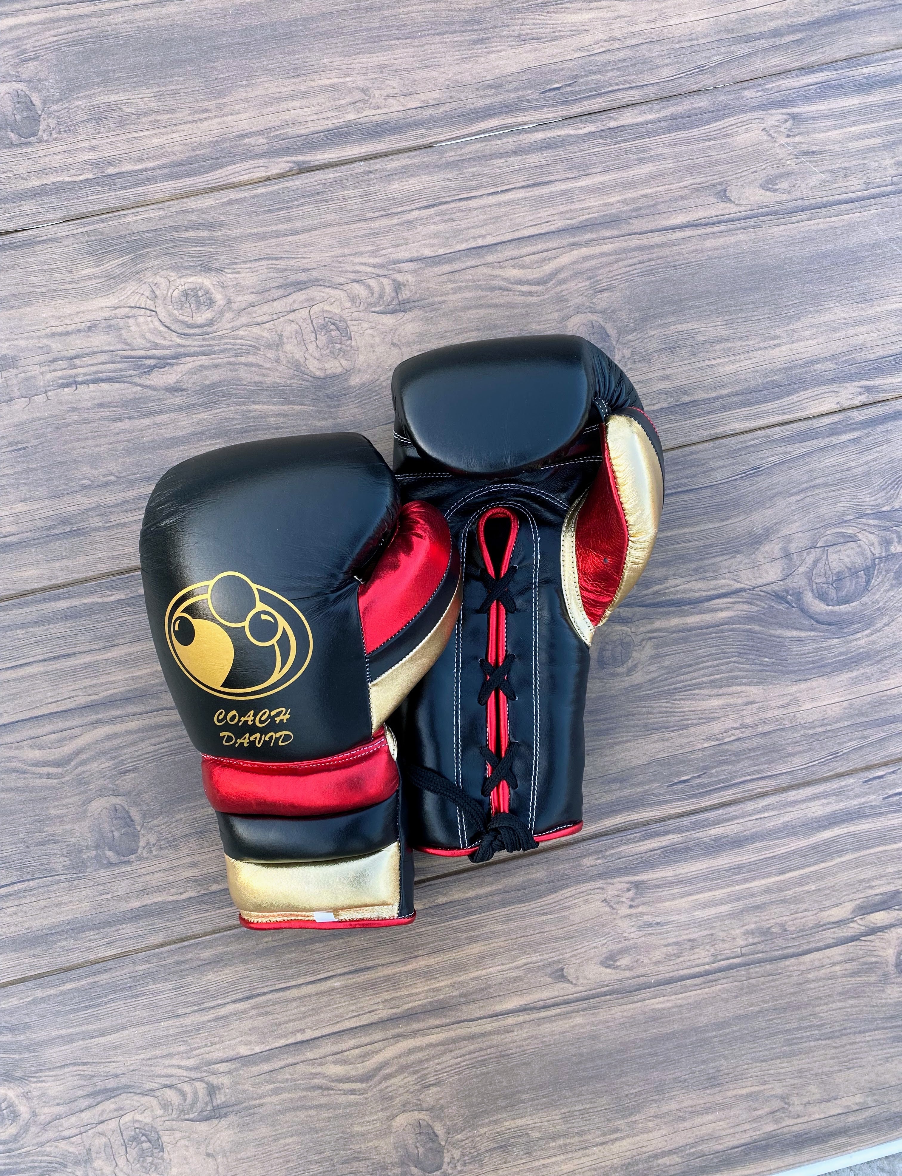 grant boxing gloves black/red/gold back and front view  premium leather fight gear