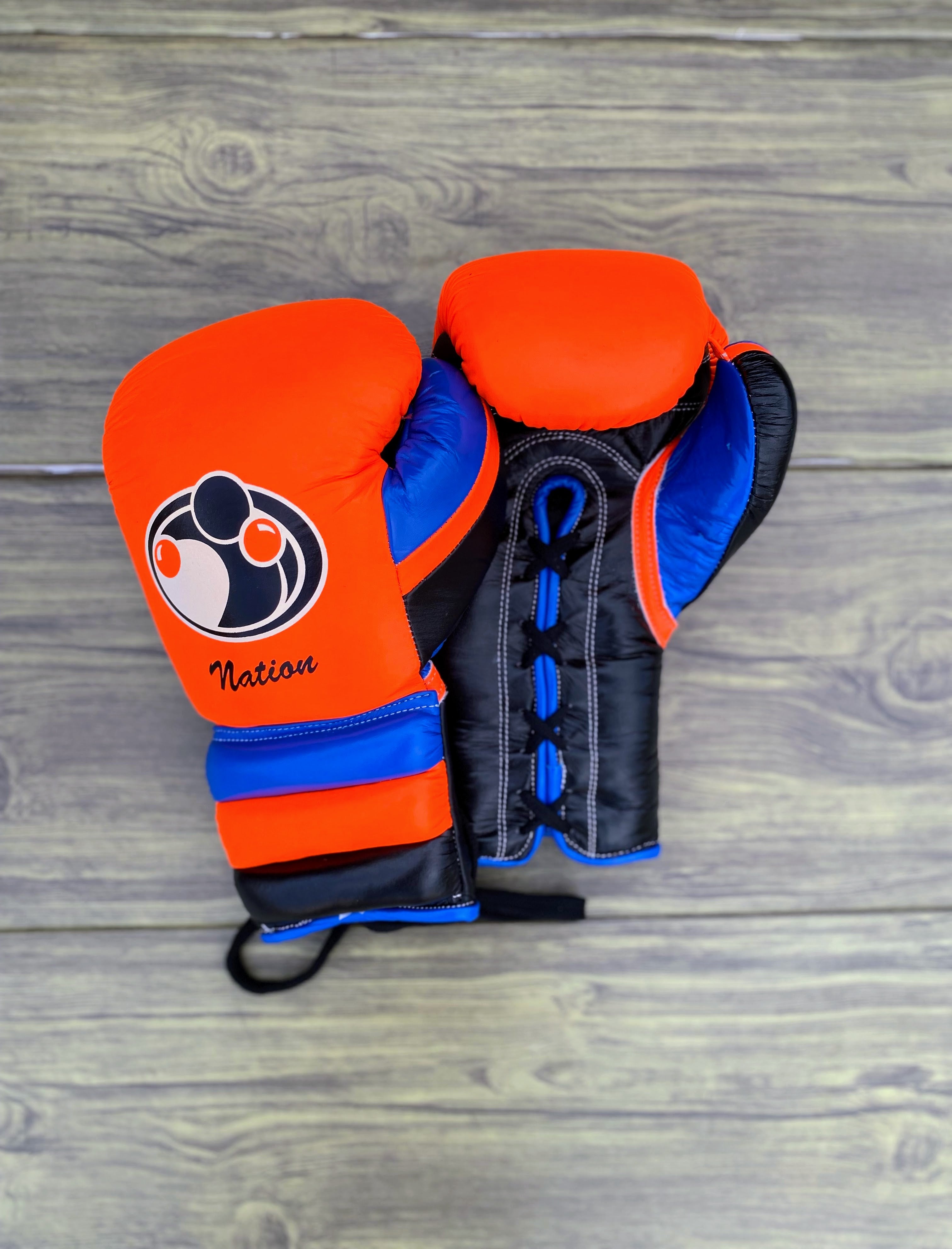grant boxing gloves orange/black/blue back and front view  lace up high quality sparring gloves