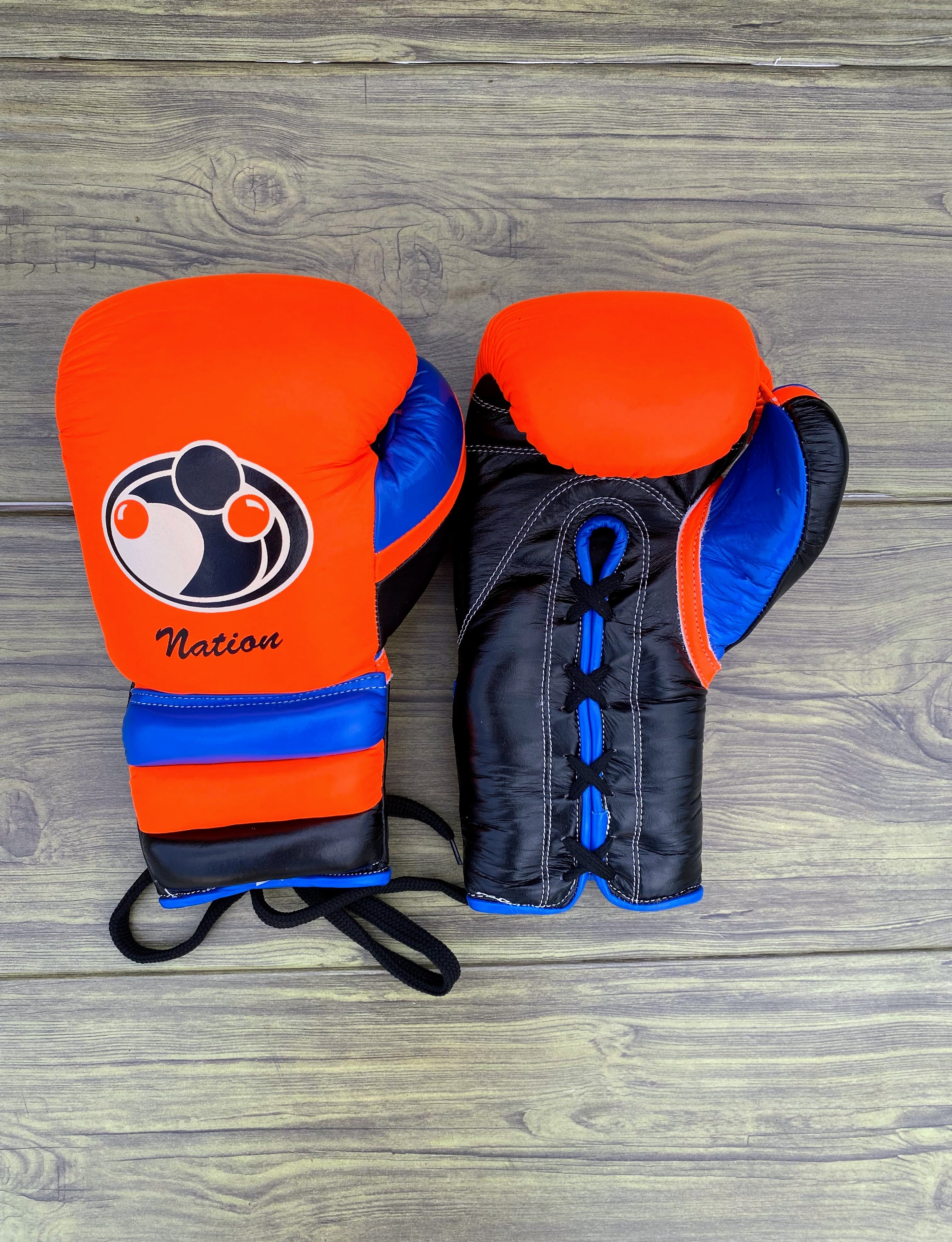 grant boxing gloves orange/black/blue back and front thumb view  lace up high quality sparring gloves