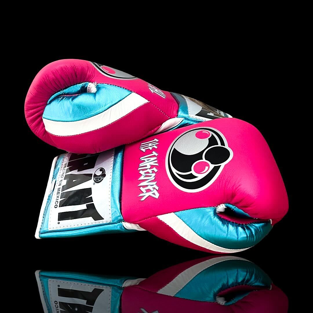 grant boxing gloves pink/blue/white back and thumb view premium leather fight gear