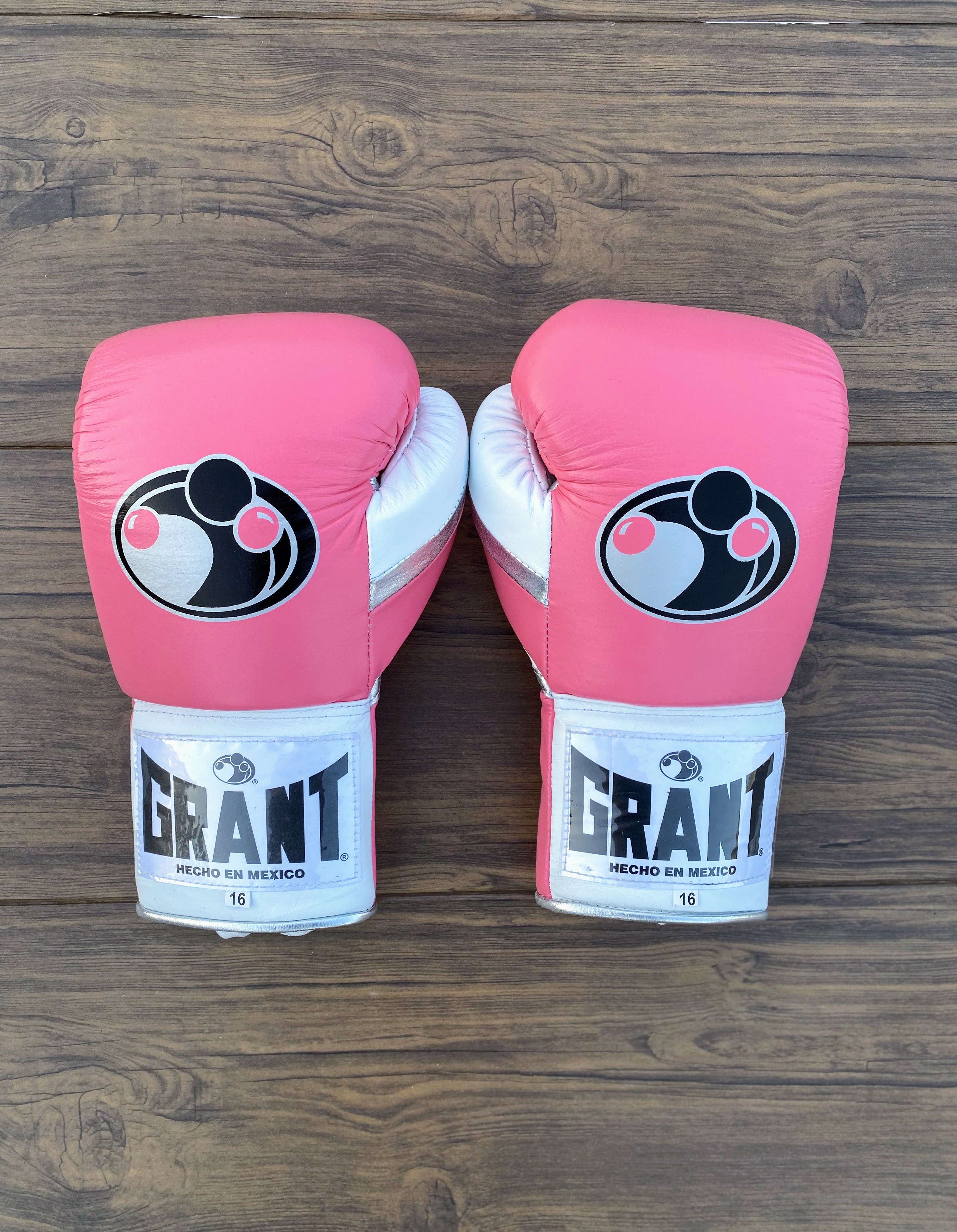 grant boxing gloves pink/white/silver back view premium leather professional training gloves