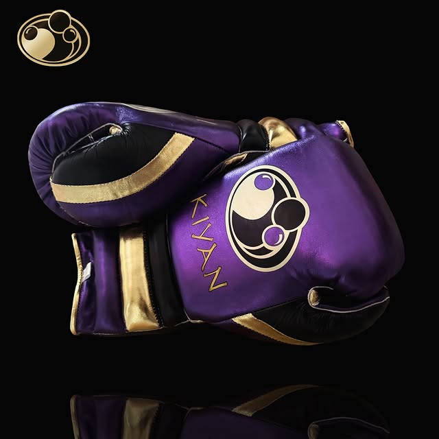 grant boxing gloves purple/black/gold back and thumb view custom name boxing training gloves
