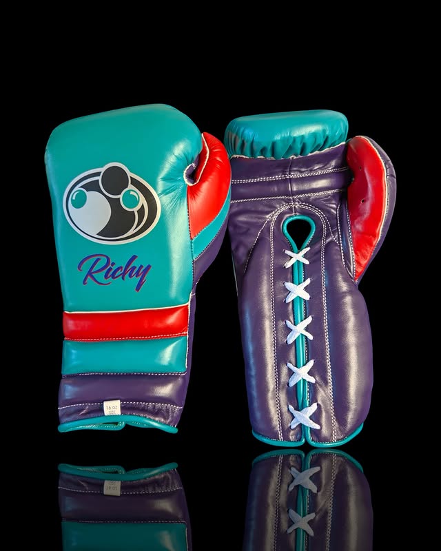 grant boxing gloves purple/blue/orange front view  high quality lace up boxing gloves