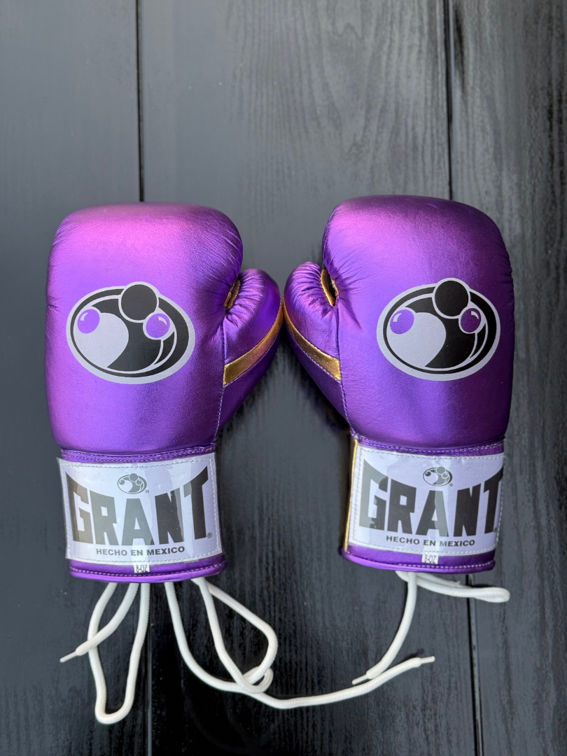 grant boxing gloves purple/gold back  view high quality lace up boxing gloves