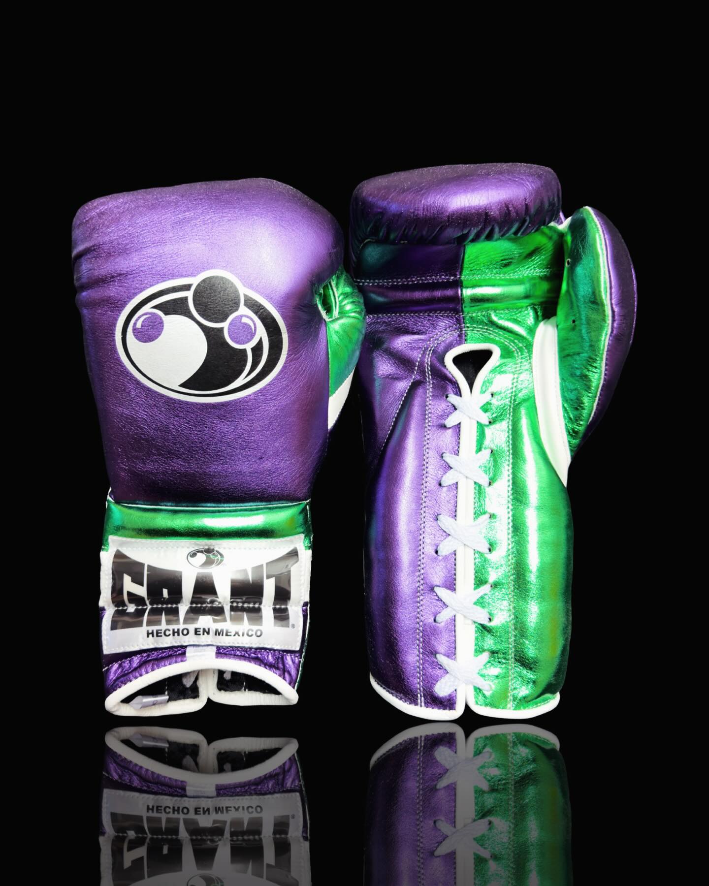 grant boxing gloves purple/green front-view lace up high quality sparring gloves
