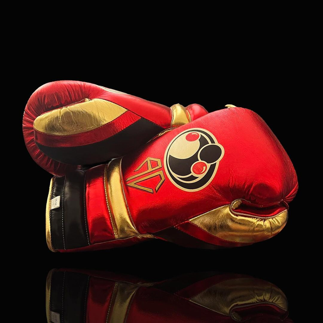 grant boxing gloves red/gold/black back and thumb view premium fight gloves for athletes