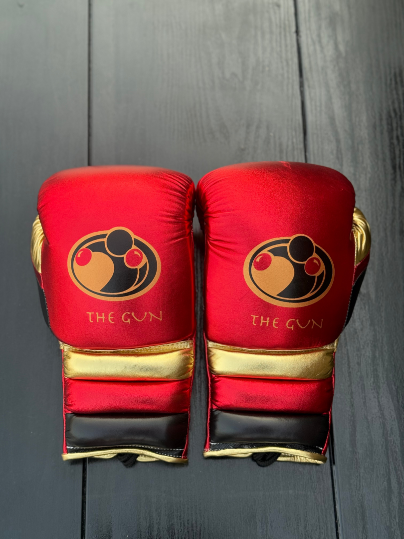 grant boxing gloves red/gold/black back and thumb view premium fight gloves for athletes