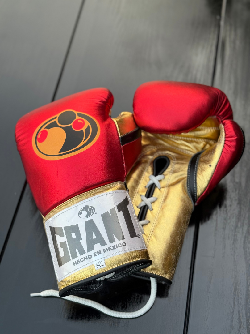grant boxing gloves red/gold/black back, front and thumb view professional boxing gear premium quality