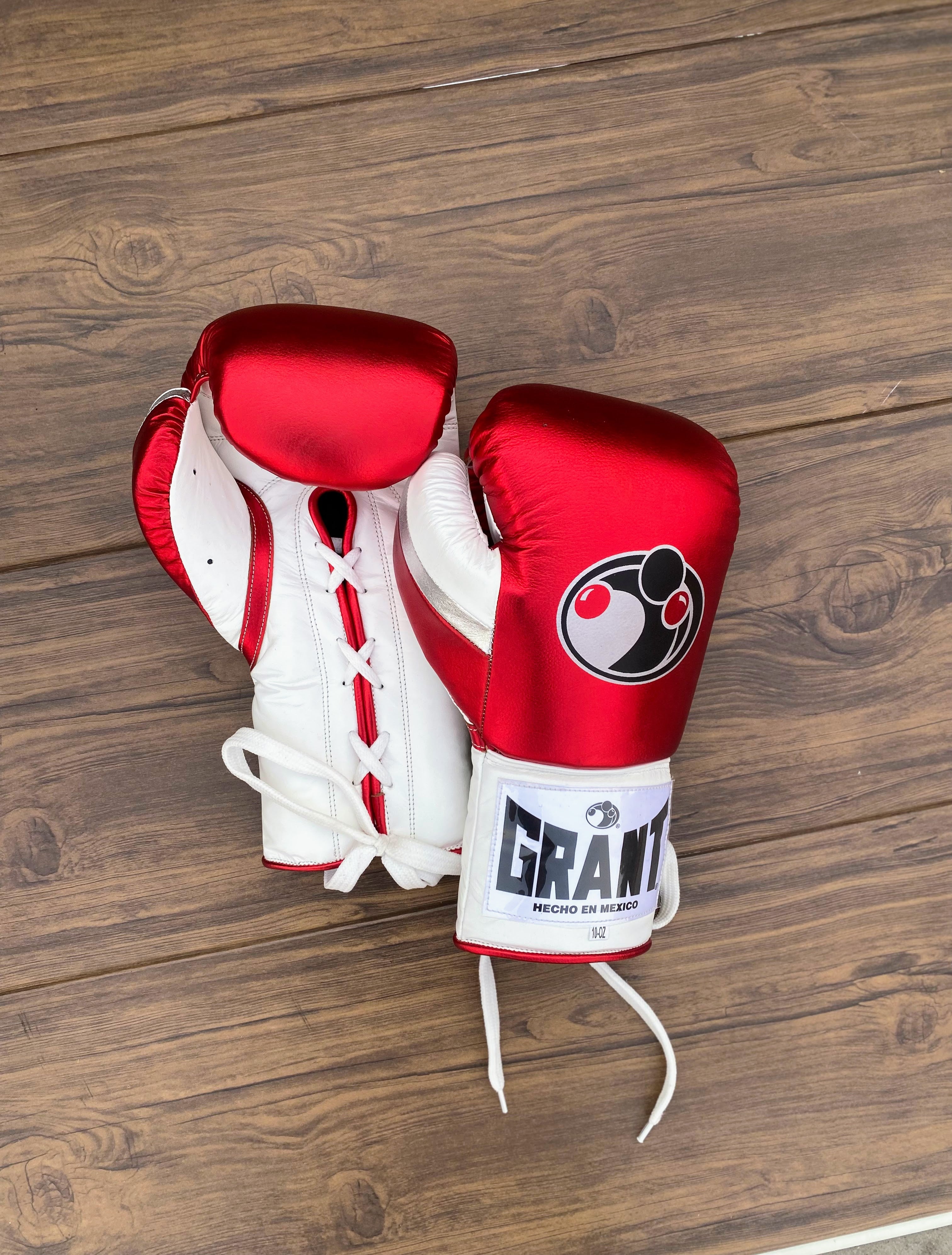grant boxing gloves red/white/silver back and front view lace up high quality sparring gloves