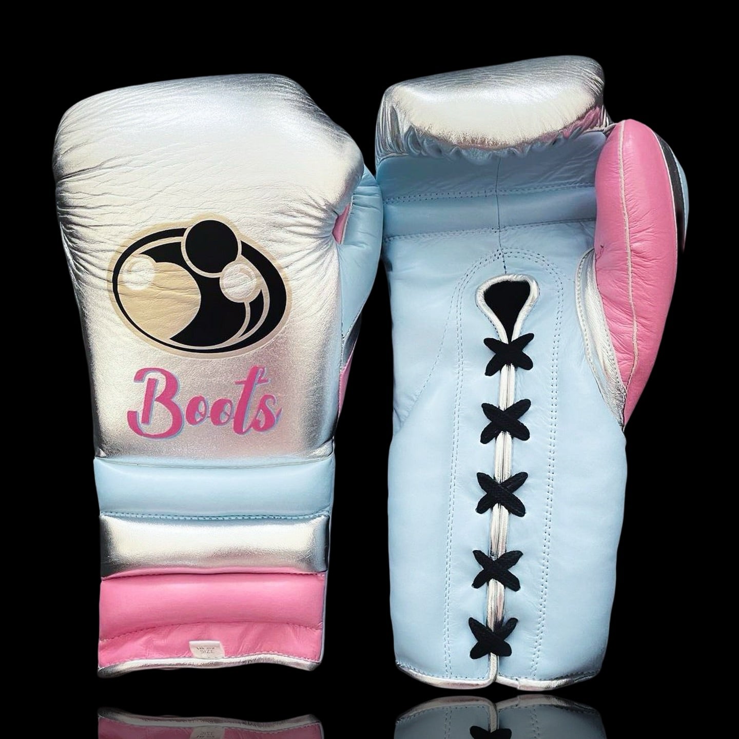 grant boxing gloves silver/blue/pink front view high quality lace up boxing gloves